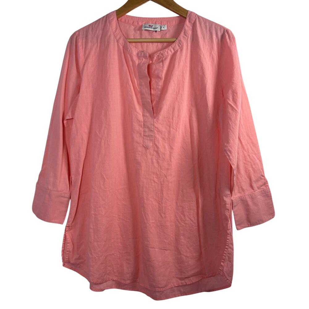 Vineyard Vines Coral Pink Cotton Split Neck 3/4 Sleeve Tunic Blouse Top Small